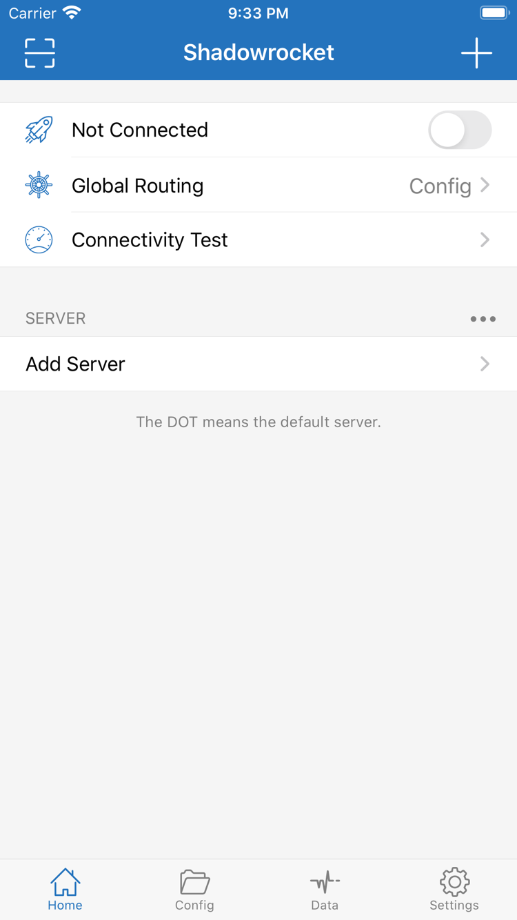 Official Shadowrocket Home screenshot showing the Not Connected switch, Global Routing, Connectivity Test, SERVER, and Add Server